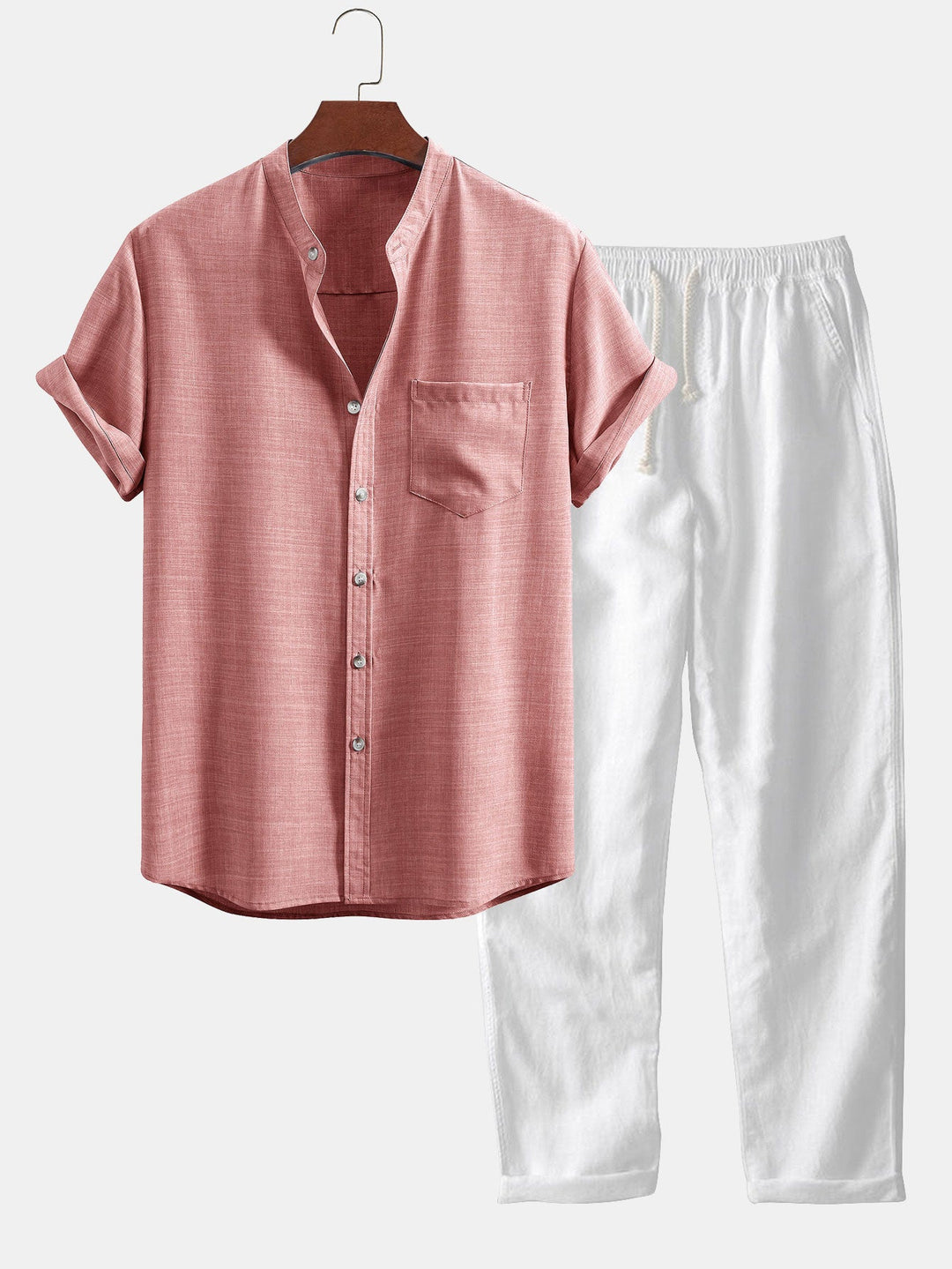 Short sleeve light brown collar shirt and straight linen pants