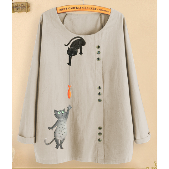 Cute Cat Print Full Sleeves Blouse