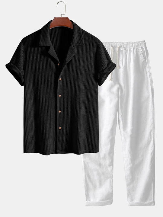 Short sleeve knit waffle Cuban shirt and straight leg linen pants
