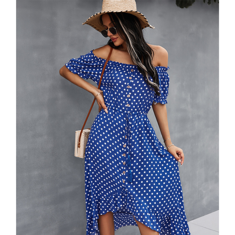 Off-Shoulder Polka Dot High Low Ruffle Hem Dress