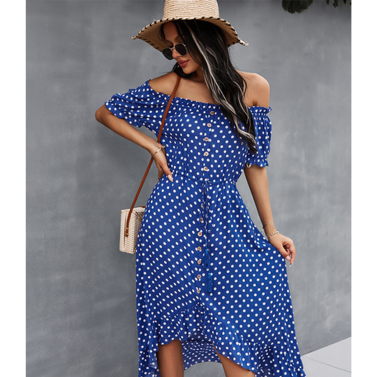 Off-Shoulder Polka Dot High Low Ruffle Hem Dress