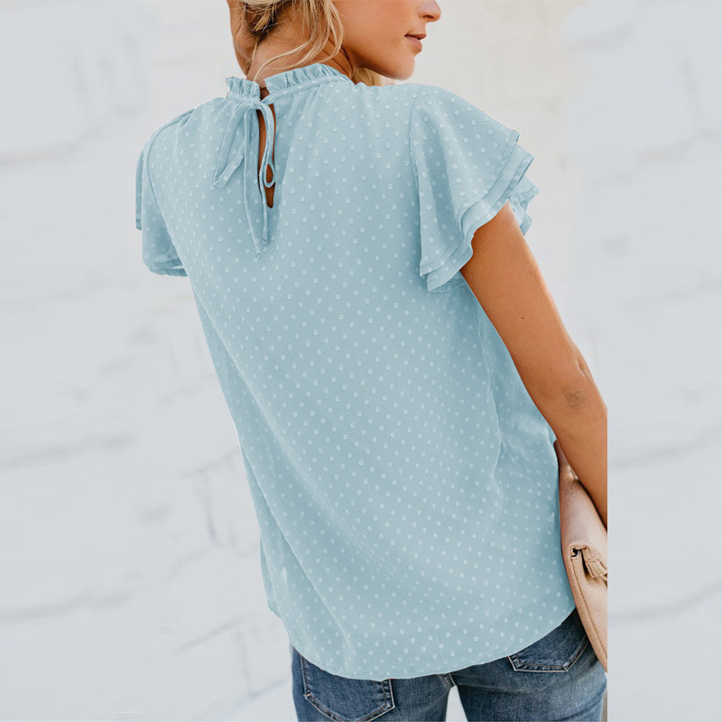 Flounce Cap Sleeves Dot Print Blouse
