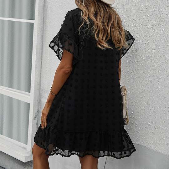V-Neck Ruffled Sleeve And Hem Black Midi Dress