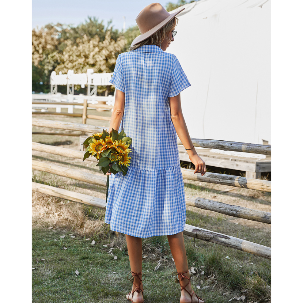 Women Buttoned Gingham Summer Dress