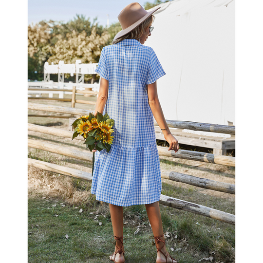Women Buttoned Gingham Summer Dress