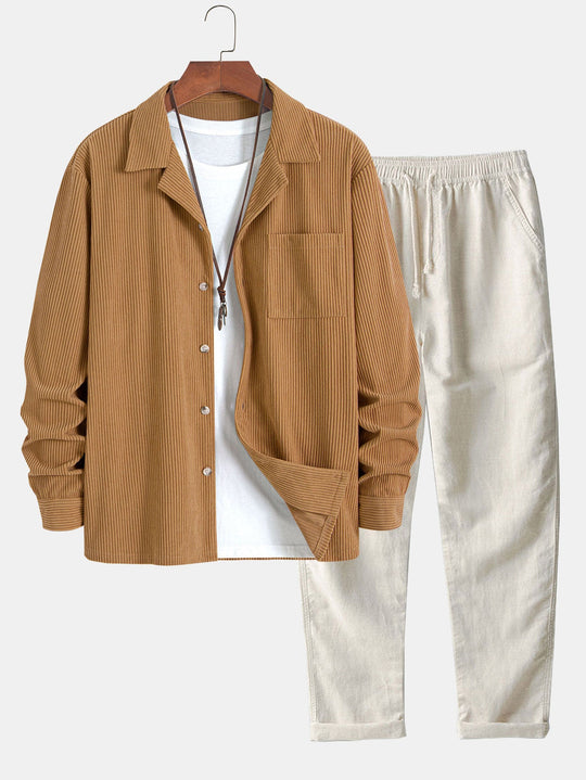 Corduroy Cuban collar long sleeve shirt and straight leg linen pants