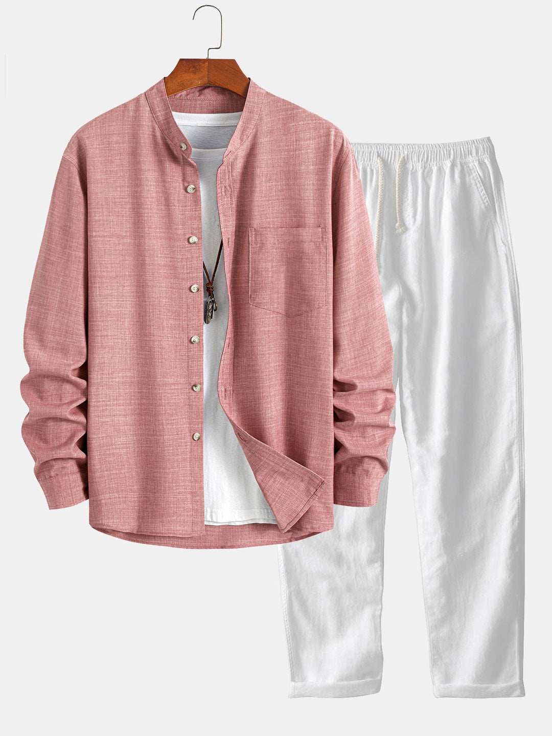 Long sleeve light brown collar shirt and straight linen pants
