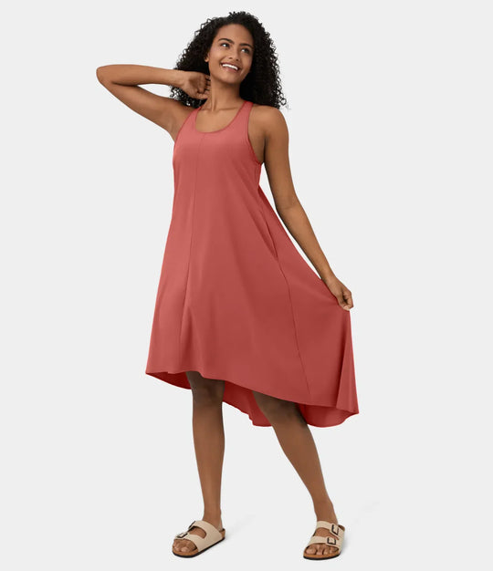 Midi Casual Dress With Backless Racerback And Side Pocket