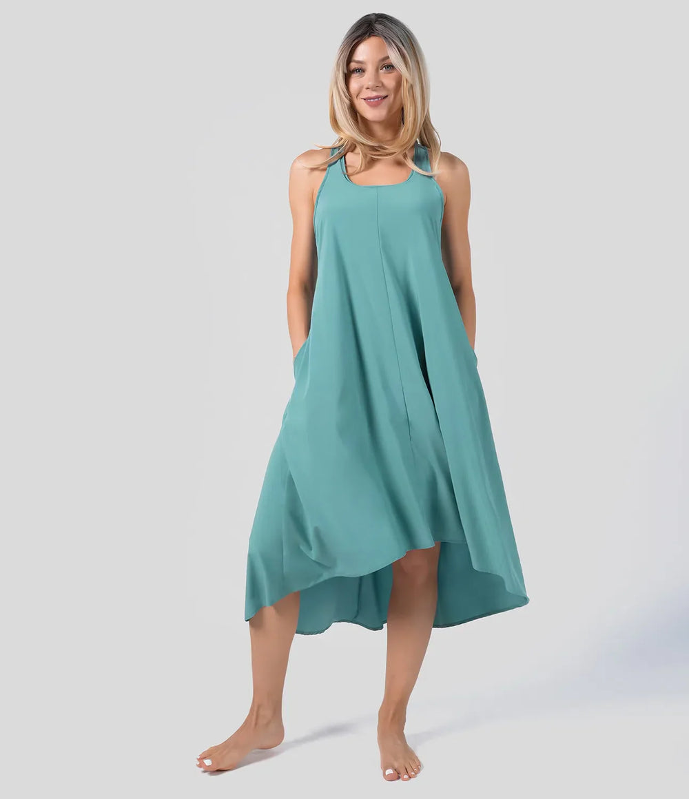 Midi Casual Dress With Backless Racerback And Side Pocket