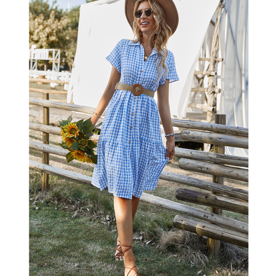 Women Buttoned Gingham Summer Dress