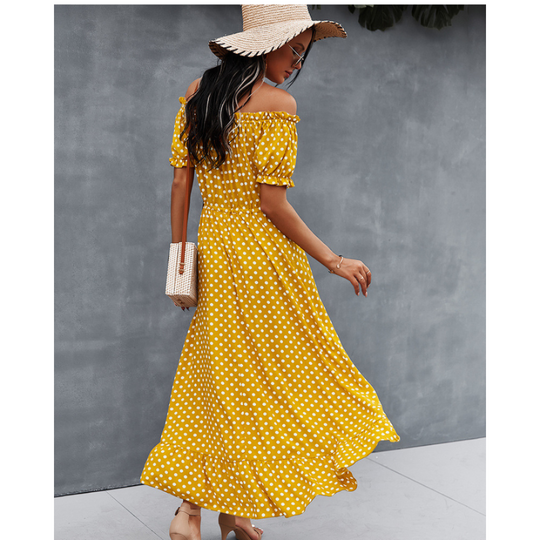 Off-Shoulder Polka Dot High Low Ruffle Hem Dress