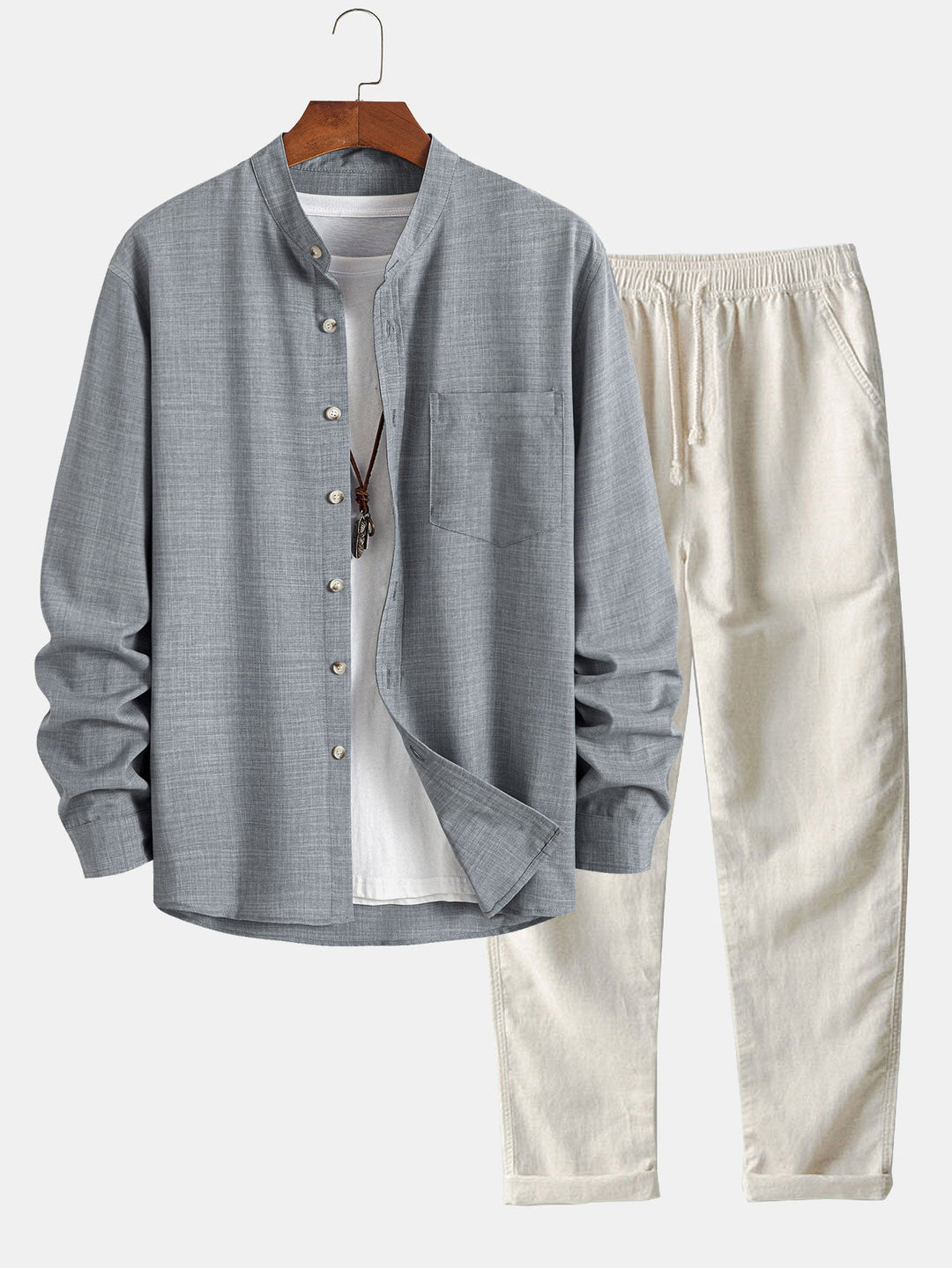 Long sleeve light brown collar shirt and straight linen pants