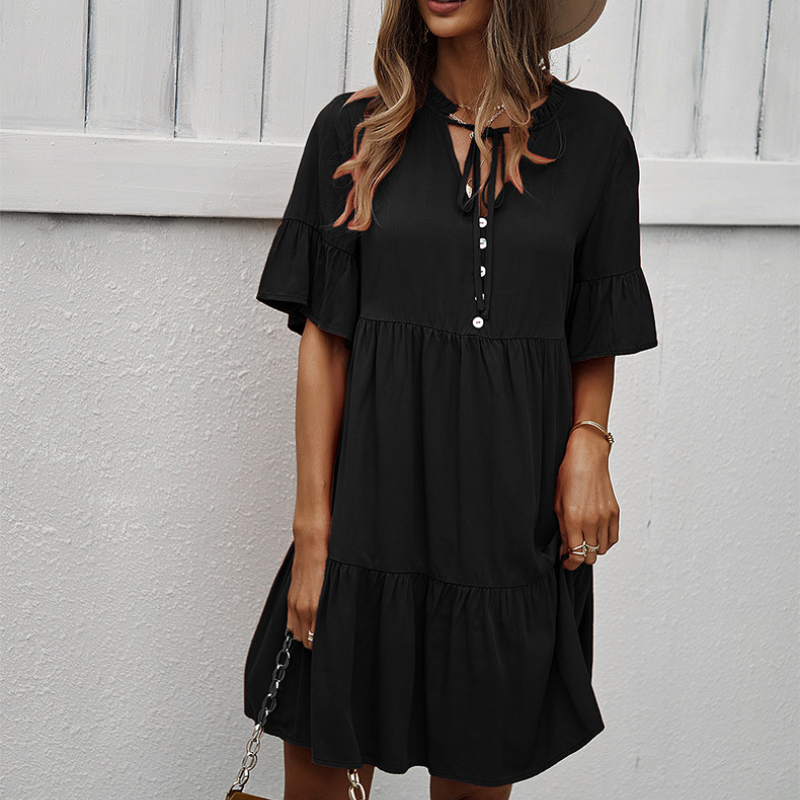 Semi Collar Flared Short Sleeves Midi Drees