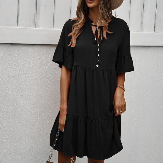 Semi Collar Flared Short Sleeves Midi Drees