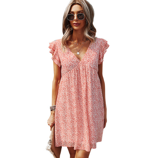 Frill Short Sleeves Knee Length Deep V-neck Casual Dress