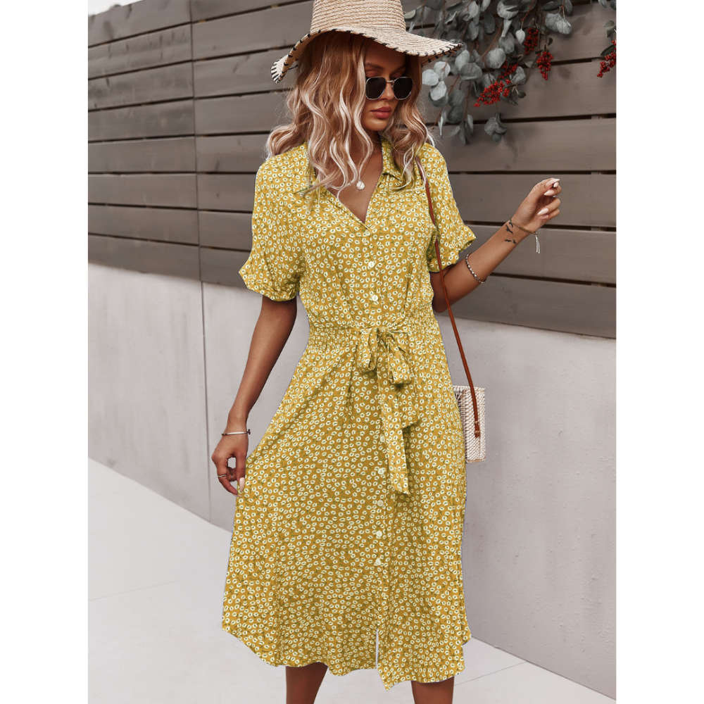 Women's Summer Floral Button Down V Neck Dresses