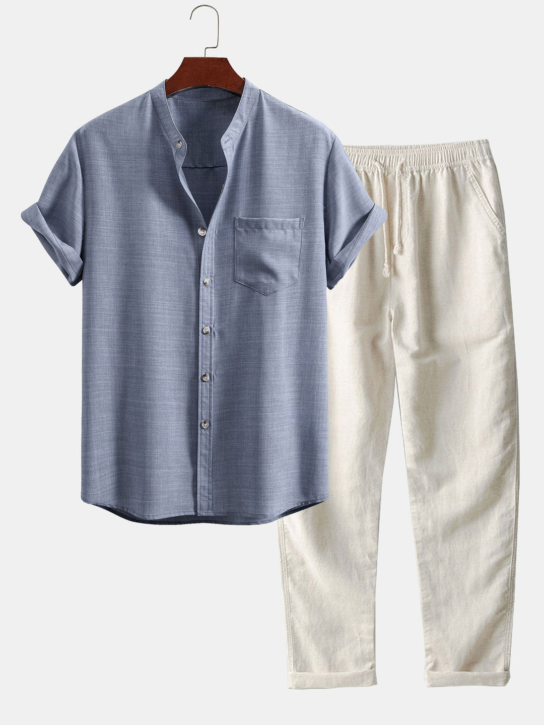 Short sleeve light brown collar shirt and straight linen pants