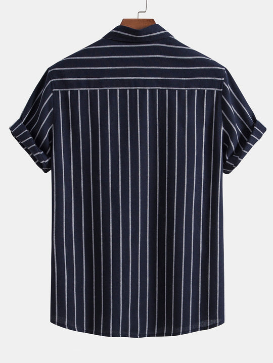 Cotton blend striped button up shirt and straight leg linen pants