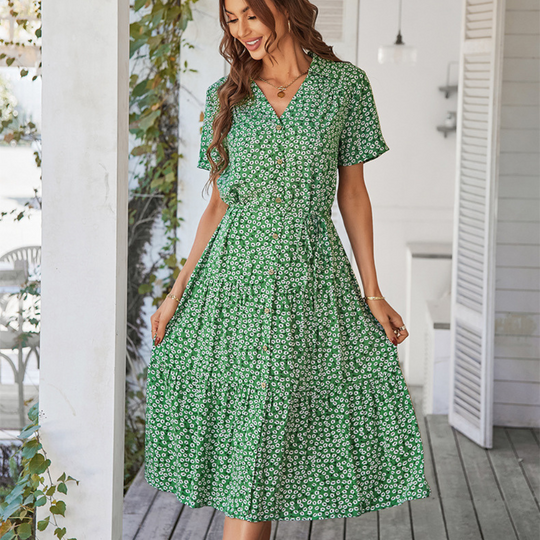 V-Neck Waist Belt Floral Print Maxi Dress