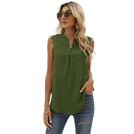 Lace Cap Sleeves V Neck Blouse