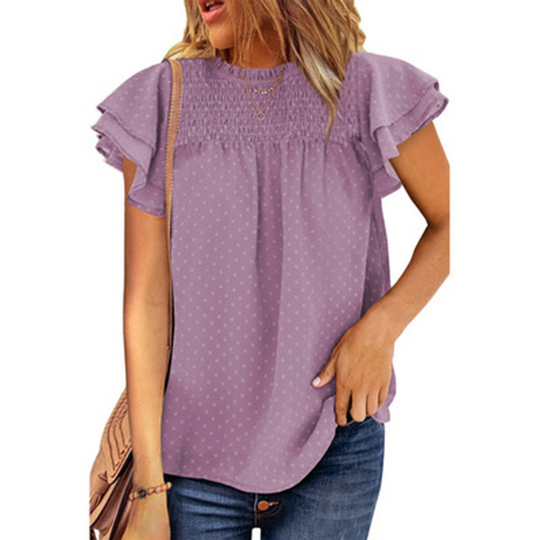 Flounce Cap Sleeves Dot Print Blouse