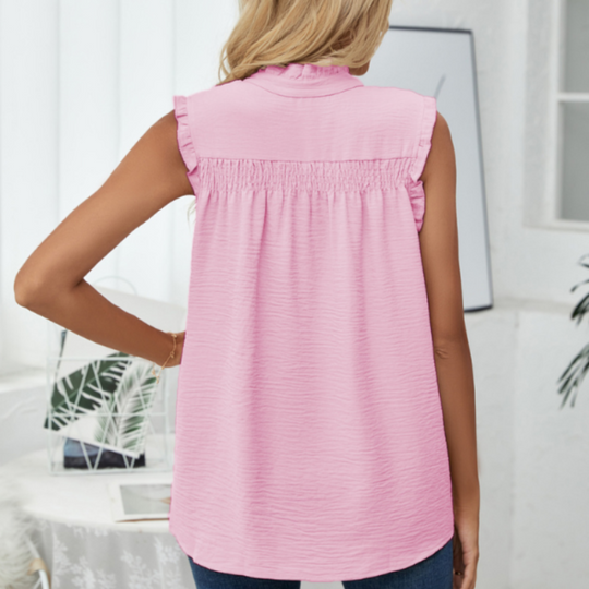 High Collar Button Ruffled Sleeves Less Blouse