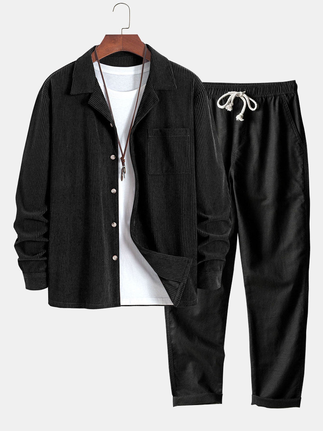 Corduroy Cuban collar long sleeve shirt and straight leg linen pants