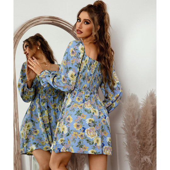 Floral Print Shirred Flounce Sleeve Dress