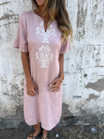 Lena™ Cotton and Linen Short-Sleeve Embroidery Dress