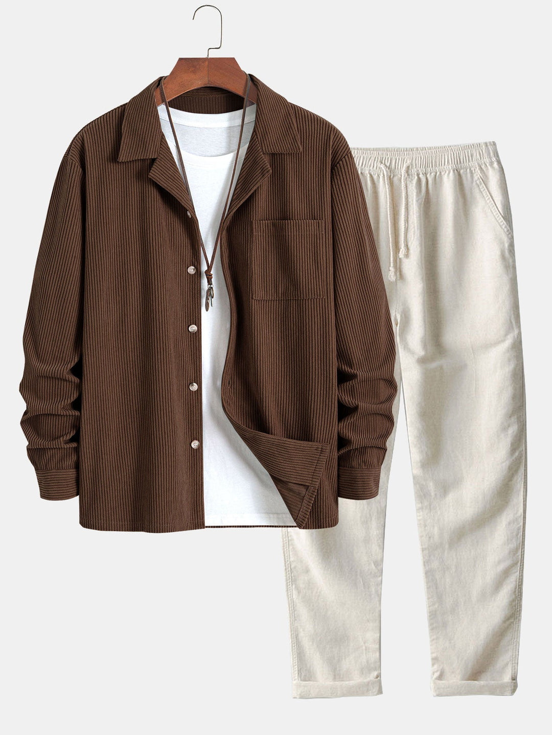 Corduroy Cuban collar long sleeve shirt and straight leg linen pants