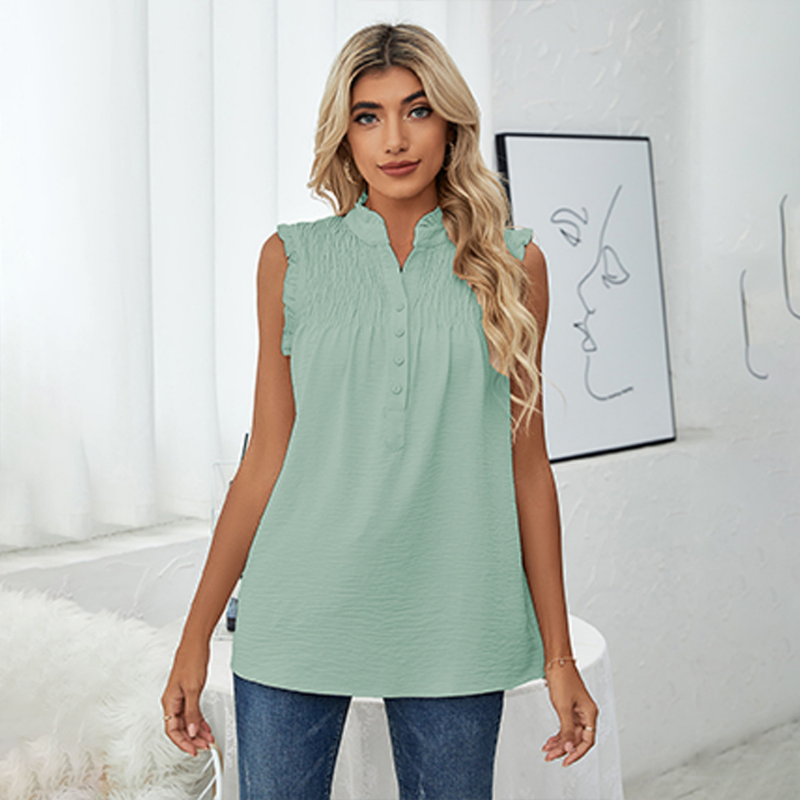 High Collar Button Ruffled Sleeves Less Blouse