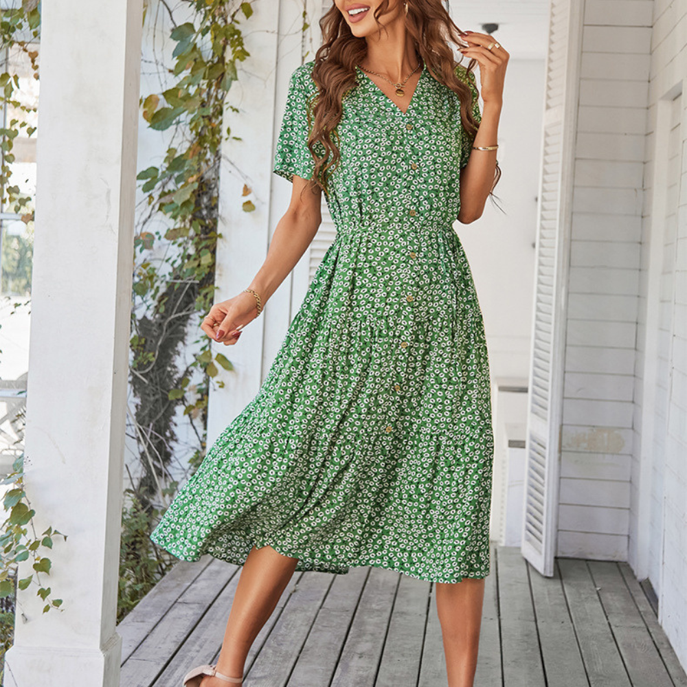 V-Neck Waist Belt Floral Print Maxi Dress