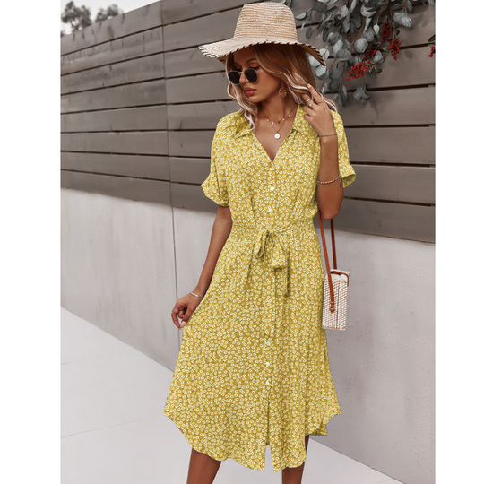 Women's Summer Floral Button Down V Neck Dresses