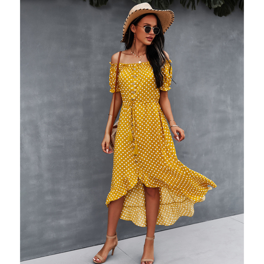 Off-Shoulder Polka Dot High Low Ruffle Hem Dress