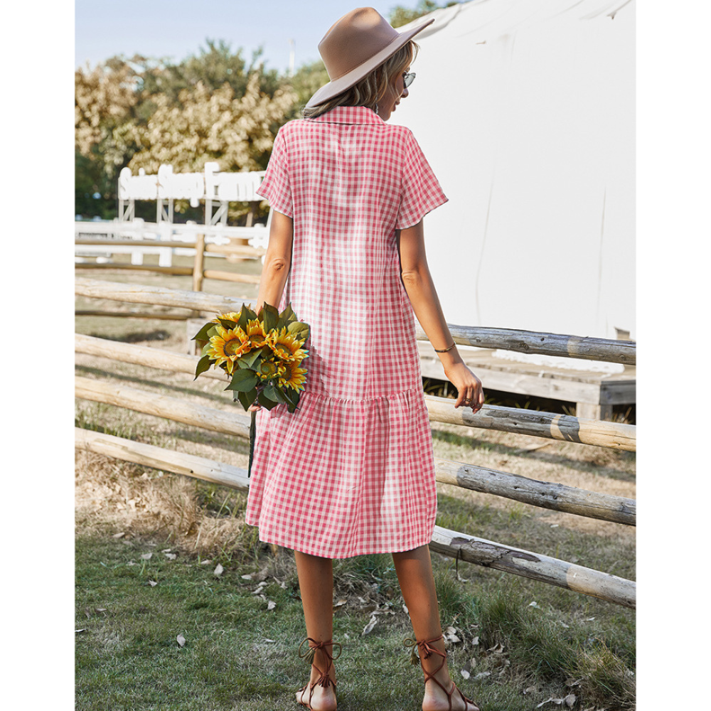 Women Buttoned Gingham Summer Dress