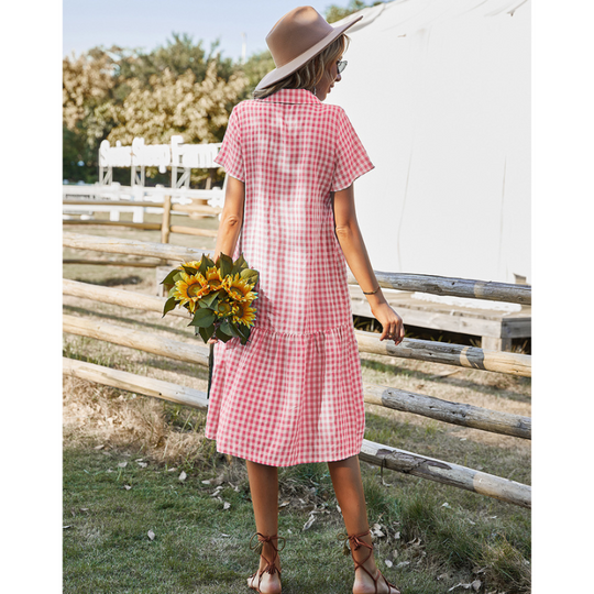 Women Buttoned Gingham Summer Dress