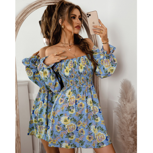 Floral Print Shirred Flounce Sleeve Dress