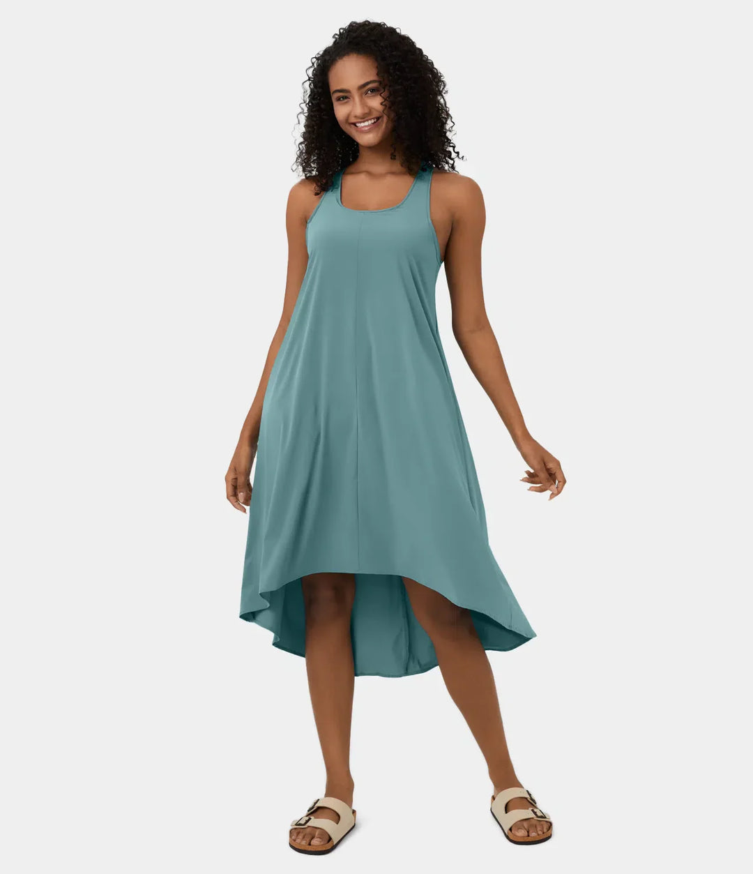Midi Casual Dress With Backless Racerback And Side Pocket