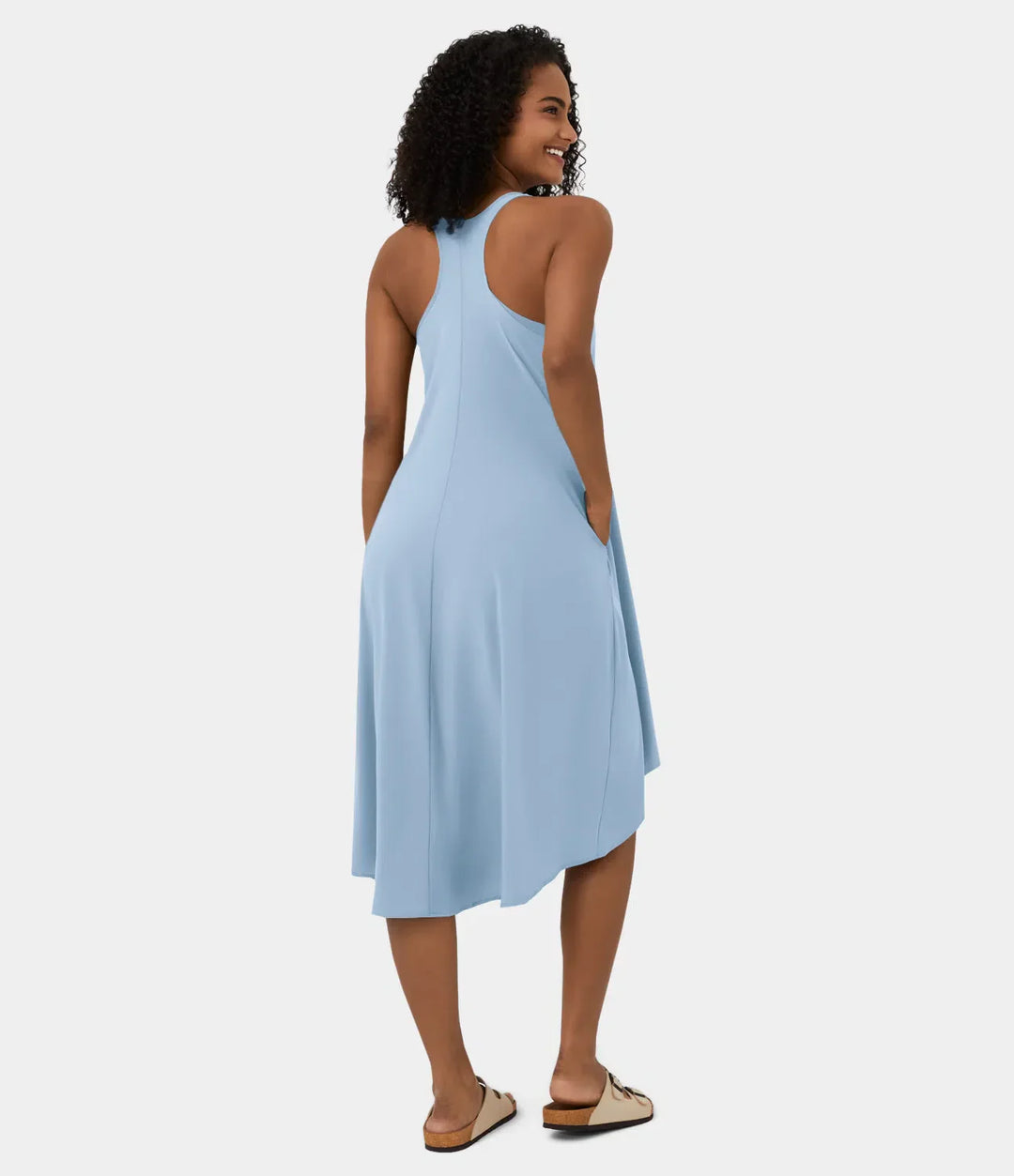 Midi Casual Dress With Backless Racerback And Side Pocket