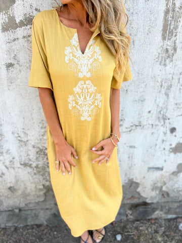 Lena™ Cotton and Linen Short-Sleeve Embroidery Dress