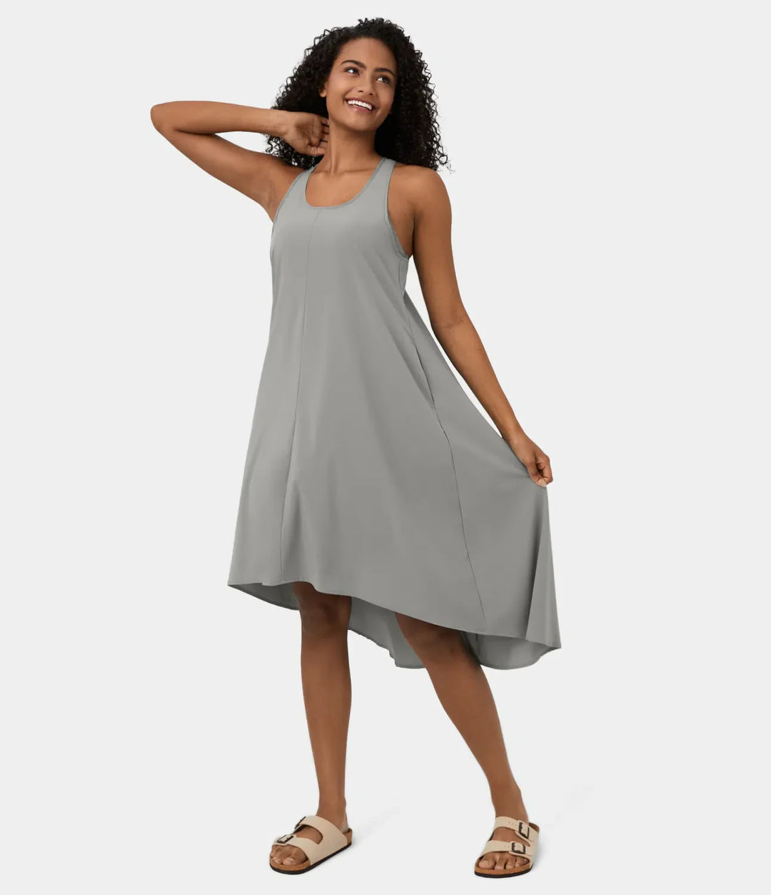 Midi Casual Dress With Backless Racerback And Side Pocket