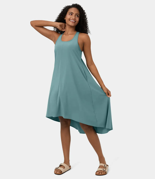 Midi Casual Dress With Backless Racerback And Side Pocket