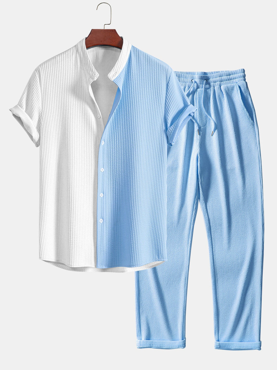Two Tone Muscle Fit Ribbed Stand Collar Shirt & Straight Leg Ribbed Pants