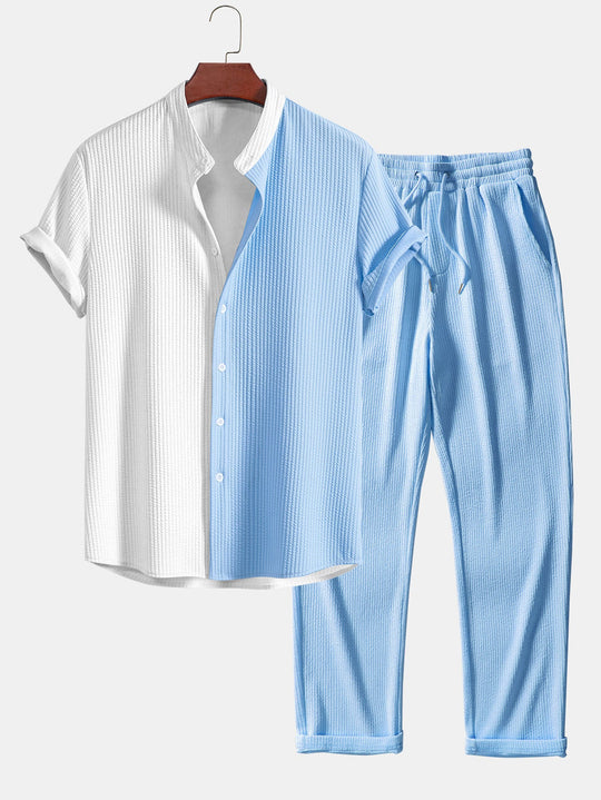 Two Tone Muscle Fit Ribbed Stand Collar Shirt & Straight Leg Ribbed Pants