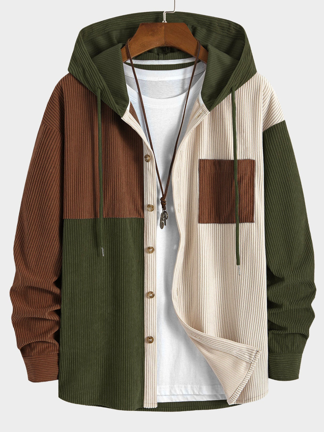 Laurent™ - Colorblock corduroy hooded shirt