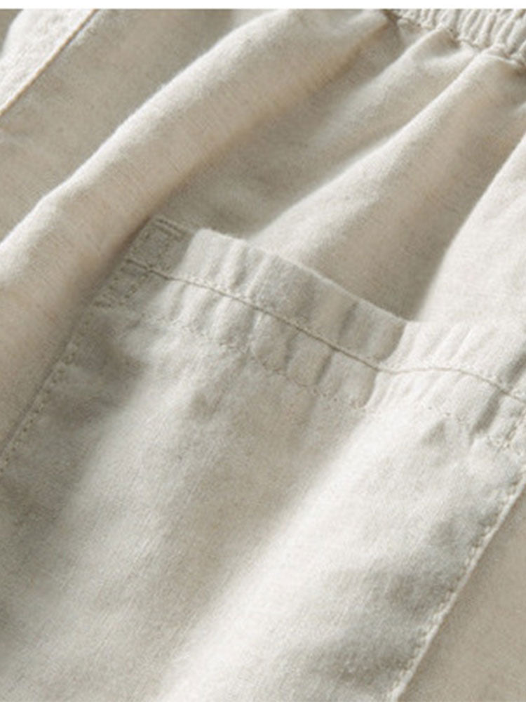 Cotton blend striped button up shirt and straight leg linen pants