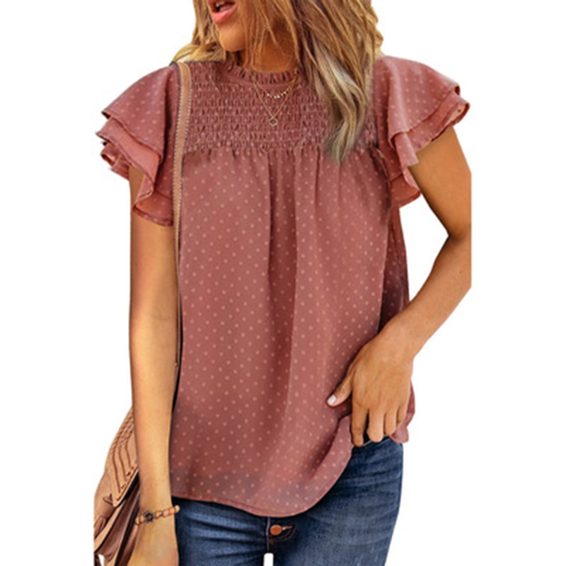 Flounce Cap Sleeves Dot Print Blouse