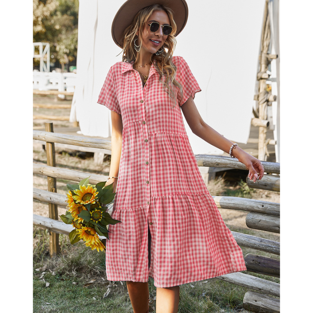 Women Buttoned Gingham Summer Dress