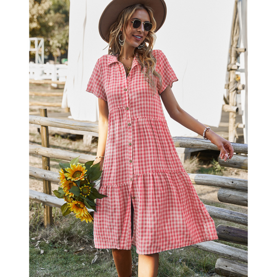 Women Buttoned Gingham Summer Dress