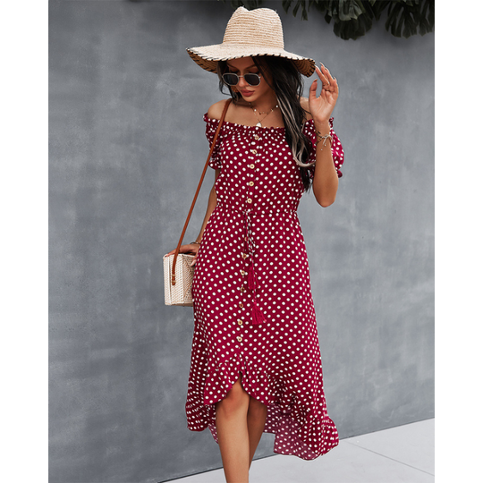 Off-Shoulder Polka Dot High Low Ruffle Hem Dress